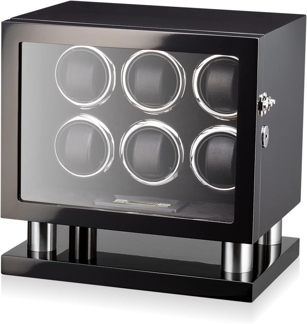 Watch Winder for 6 Watches with LED Light, LCD Display and Motor-Stop Option