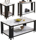 White Marble Coffee Table Set - 3 Piece Living Room Set with Black Chrome Metal I-Base