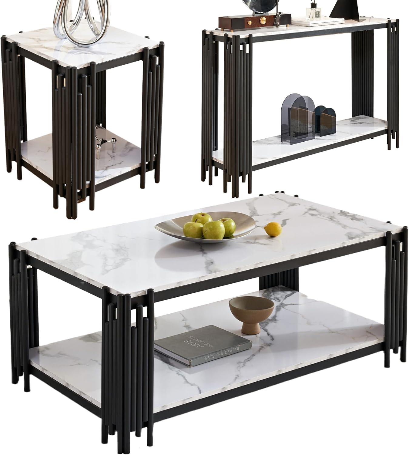 White Marble Coffee Table Set - 3 Piece Living Room Set with Black Chrome Metal I-Base