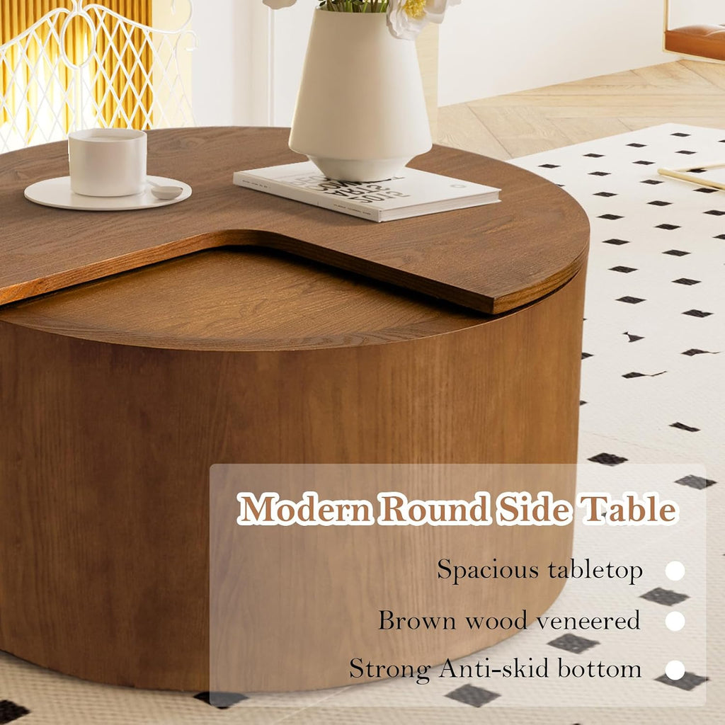 27.16' Modern Brown Side Table with Storage, Mid Century Round Sofa End Table - 360° Rotation Tabletop for Small Space No Assemble Required (Brown 27.16in)