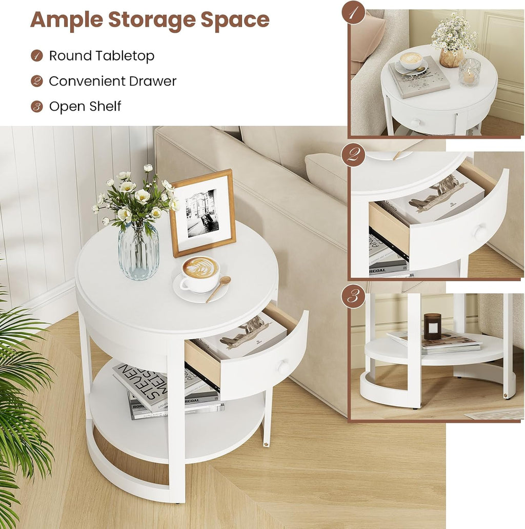 Giantex Round Side Table Set of 2, 2-Tier Wooden End Table with Drawer and Shelf, Vintage Wood Grain Finish, Modern Circle Night Stand for Living Room Bedroom, White