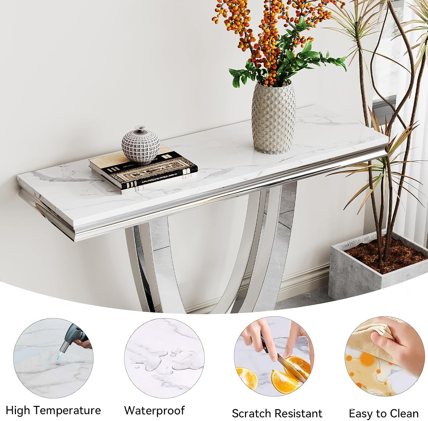 White Silver Console Table, 47' Faux Marble Entryway Table Narrow Long Sofa Table, Modern Accent Table Luxury Rectangle Behind Sofa Entrance Table Foyer Hallway Table for Living Room