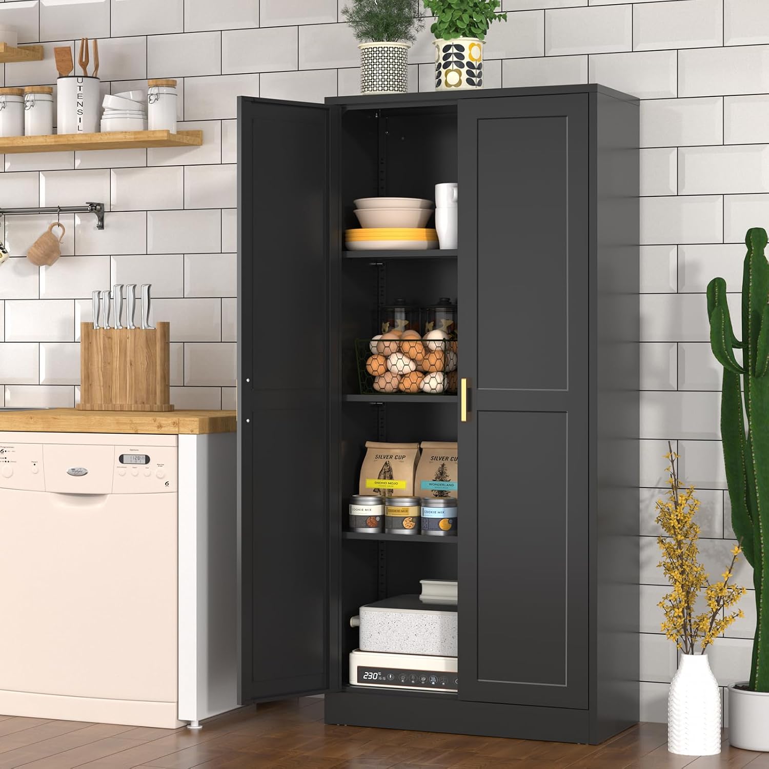 Polup 60 Inch Tall Pantry Cabinet, Metal Kitchen Storage Cabinet with Doors and Shelves, Black Cupboard for Food Storage, Freestanding Cabinet for Living Room, Dining Room - Assembly Required