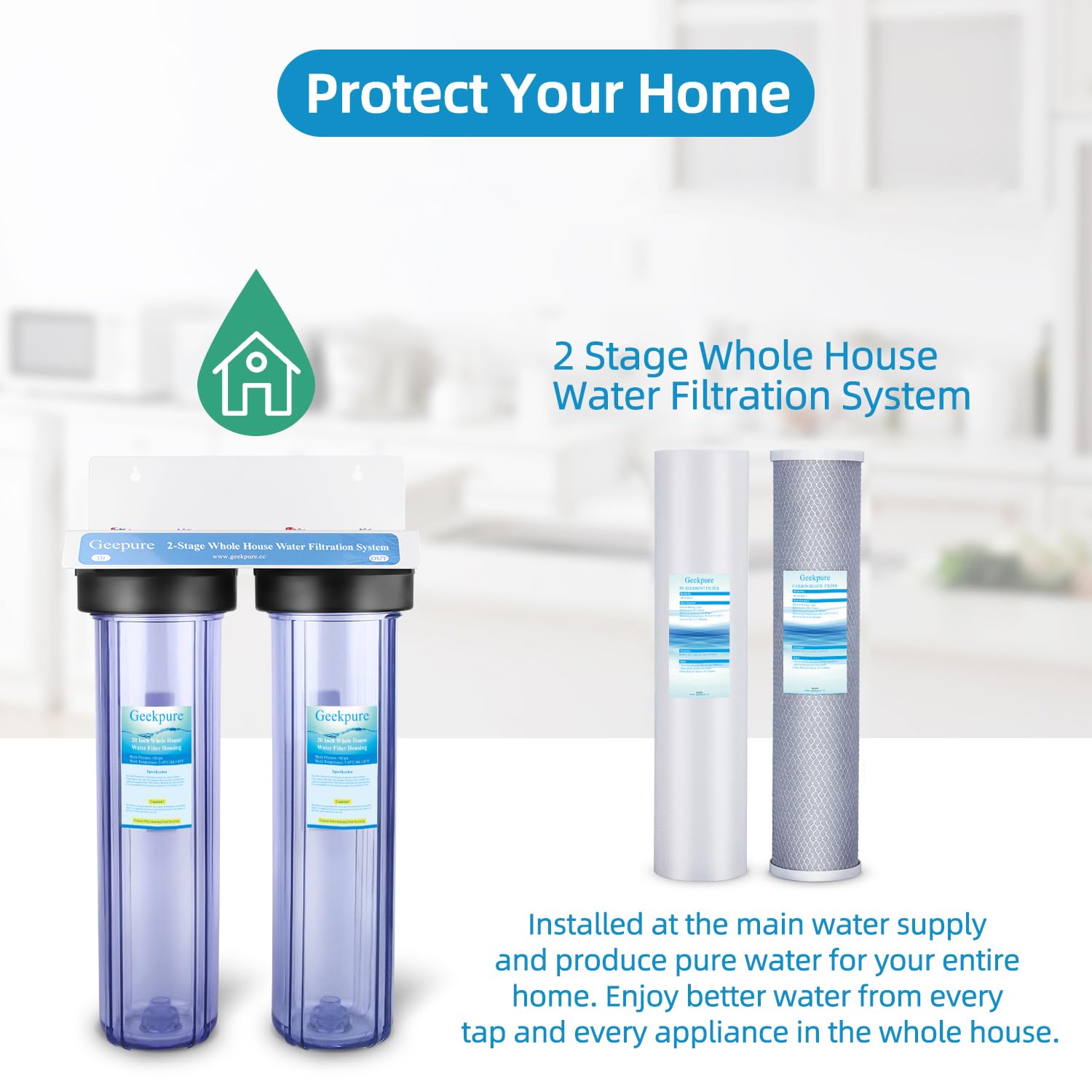 Geekpure 2 Stage Whole House Water Filter System with 20-Inch Big Clear Filter Housing -1' NPT