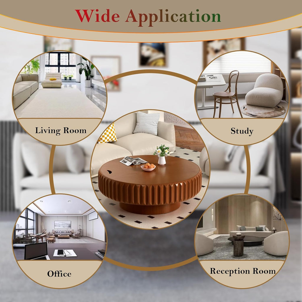 Chic Drum Coffee Table with Storage 39.37' Rustic Round Center Table - Handcraft Fluted Veneer Easy Assemble for Living Room Apartment (C 39.37in)