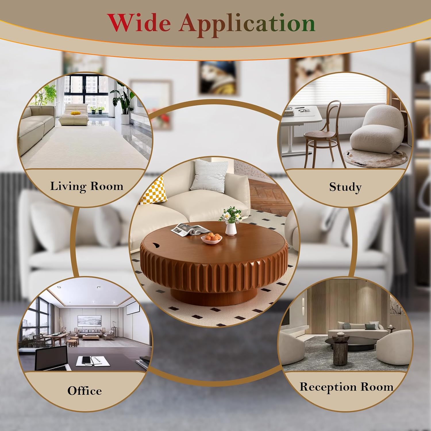 Chic Drum Coffee Table with Storage 39.37' Rustic Round Center Table - Handcraft Fluted Veneer Easy Assemble for Living Room Apartment (C 39.37in)