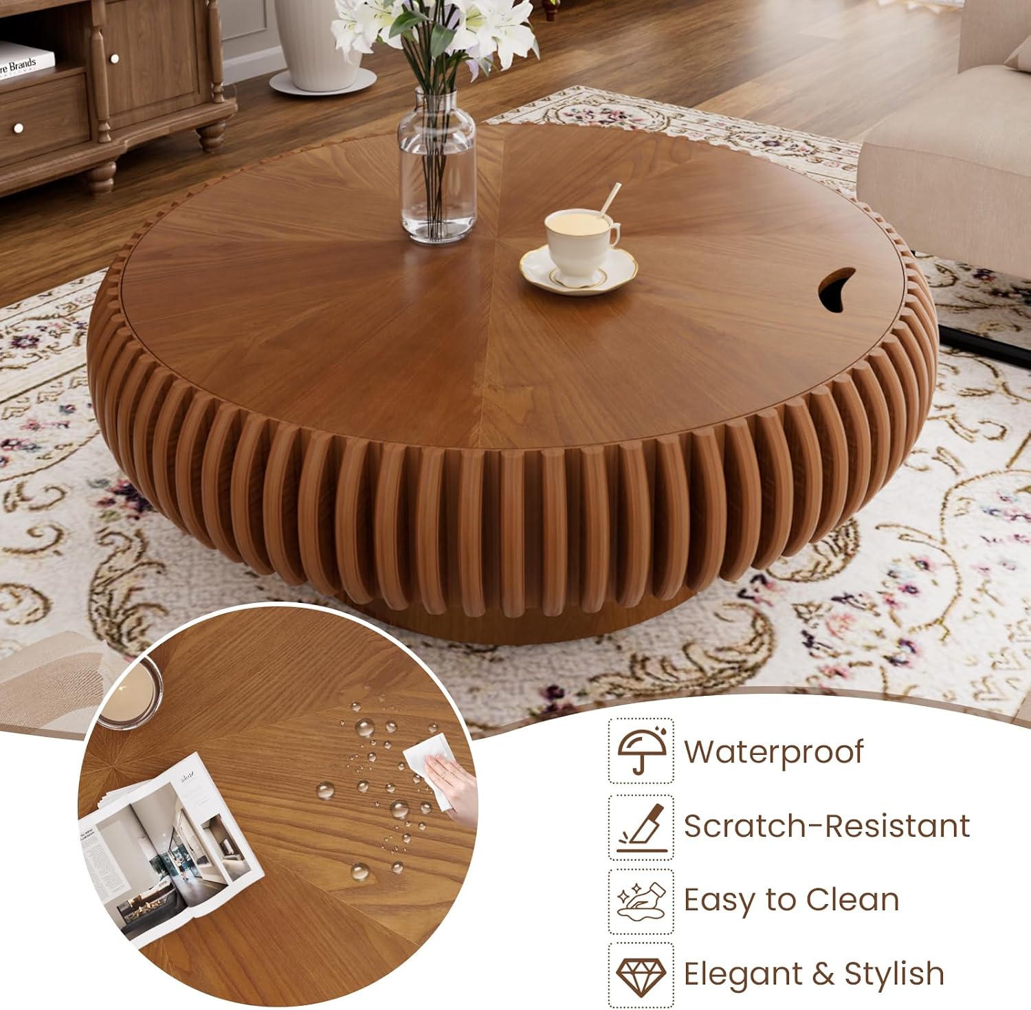 Round Fluted Coffee Table with Storage for Living Room, Modern Wooden Drum Coffee Table with Solid Wood Veneered, Circle Accent Tea Center Table for Small Space Apartmen (Brown, 39.37' with Storage)