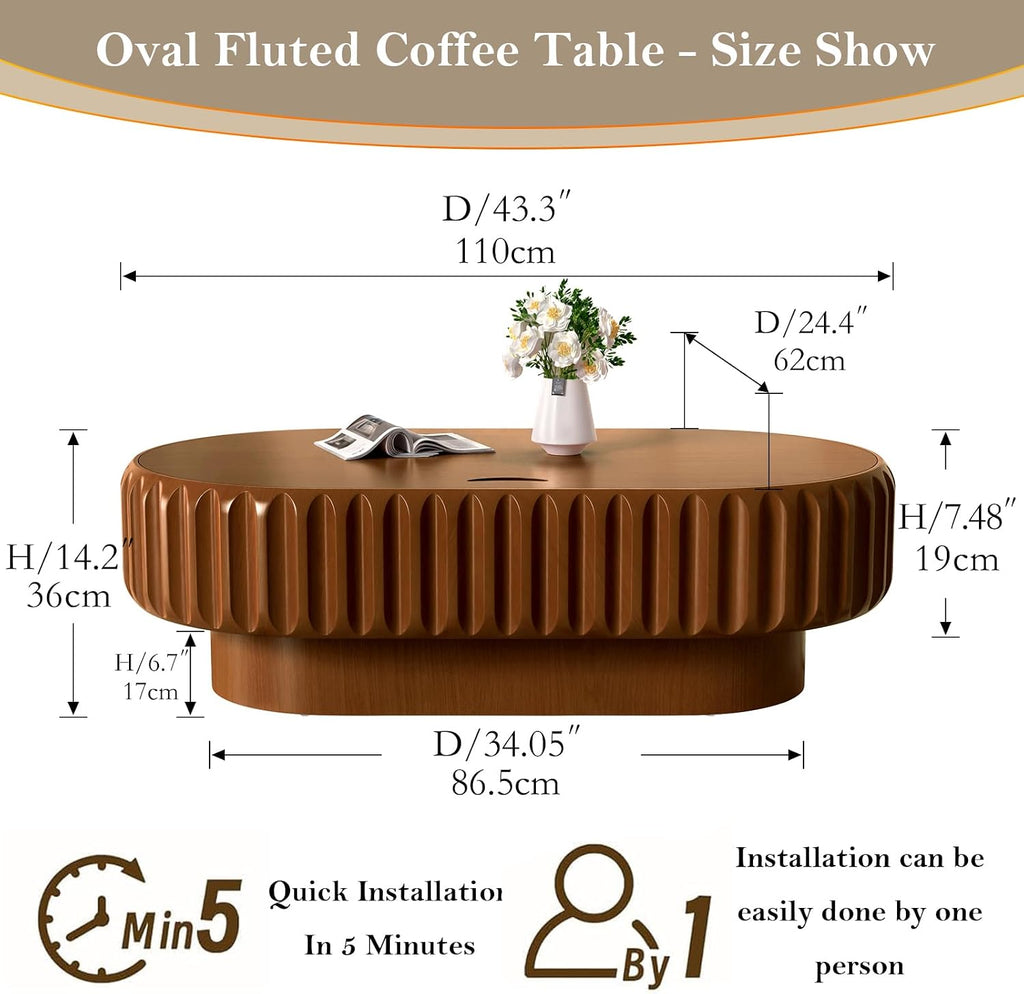 Chic Drum Coffee Table with Storage 43.3' Rustic Oval Center Table - Solid Wood Fluted Veneer Easy Assemble for Living Room Apartment (E 43.3in)