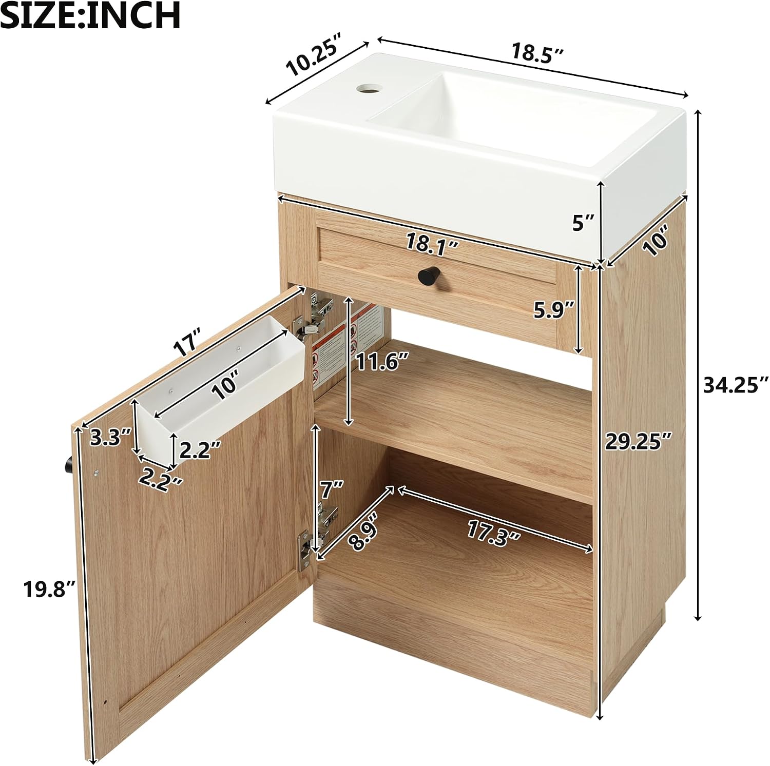 18.5' Bathroom Vanity with Reversible Resin Sink, MDF Cabinet with Adjustable Shelf & Elegant Zinc Alloy Handles, Wood Grain Melamine Finish, Rustic Style for Small Spaces