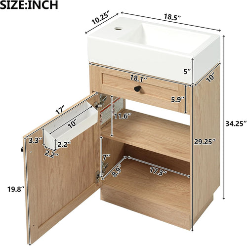18.5' Bathroom Vanity with Reversible Resin Sink, MDF Cabinet with Adjustable Shelf & Elegant Zinc Alloy Handles, Wood Grain Melamine Finish, Rustic Style for Small Spaces