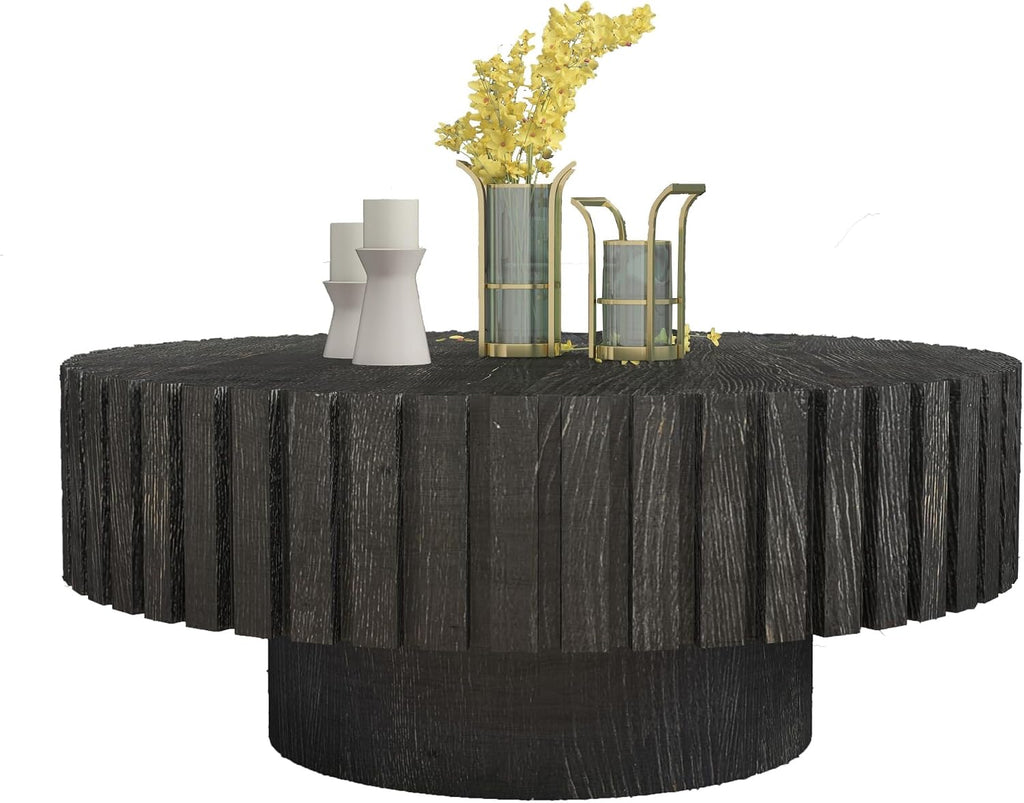 31.4'' Round Circle Coffee Table Modern Wood Coffee Table for Living Room, Contemporary Minimalist Fluted Drum Pedestal Style, Easy Assembly, Black