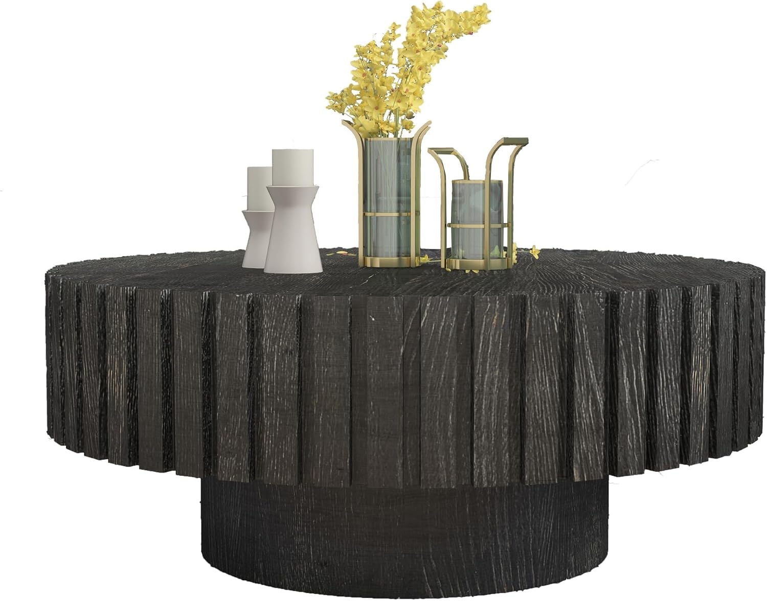 31.4'' Round Circle Coffee Table Modern Wood Coffee Table for Living Room, Contemporary Minimalist Fluted Drum Pedestal Style, Easy Assembly, Black