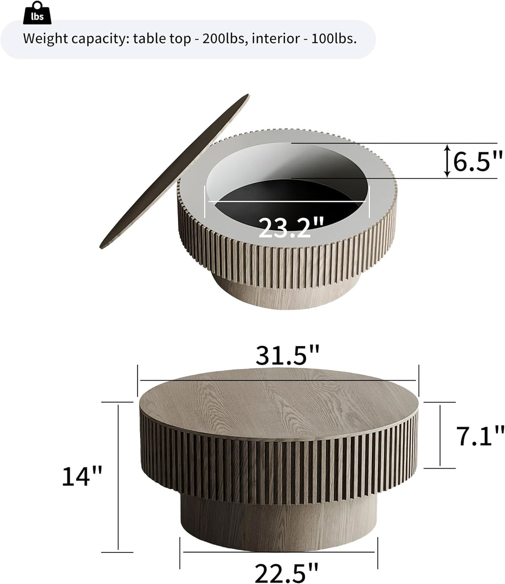 31.5' Round Coffee Table with Hidden Storage Compartment, Modern Handcraft Fluted Drum Coffee Table, Wooden Circle Center Table Cocktail Tea Table with Sturdy Pedestal for Living Room, Grey