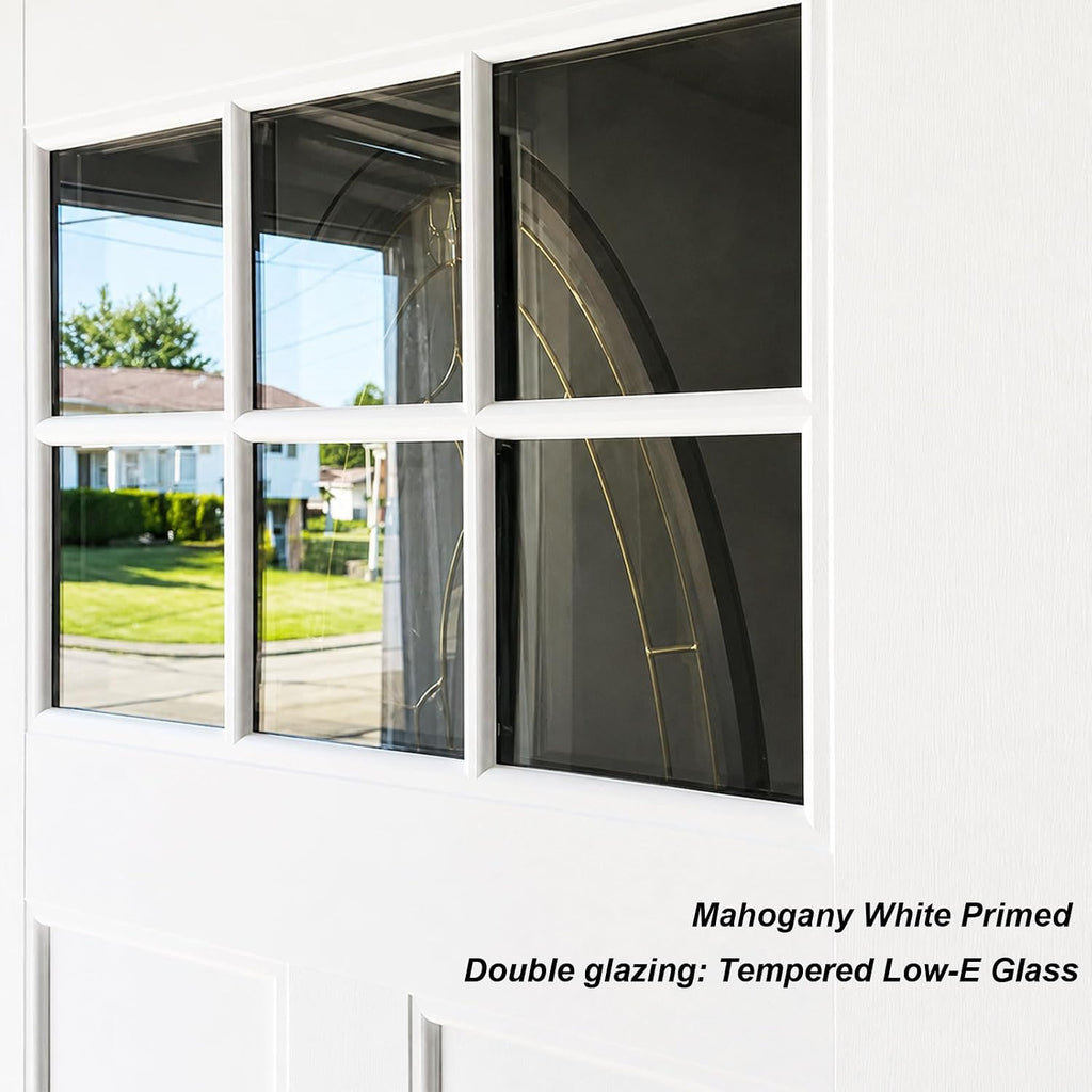 Fiberglass Entry Door, 36'' x 80' Primed Exterior Door, Left Hand Inswing, Knock-Down Front Entry Door, 2-Panel Craftsman, 6-Lite Low-E Glass, Vinyl Frame with Brickmould
