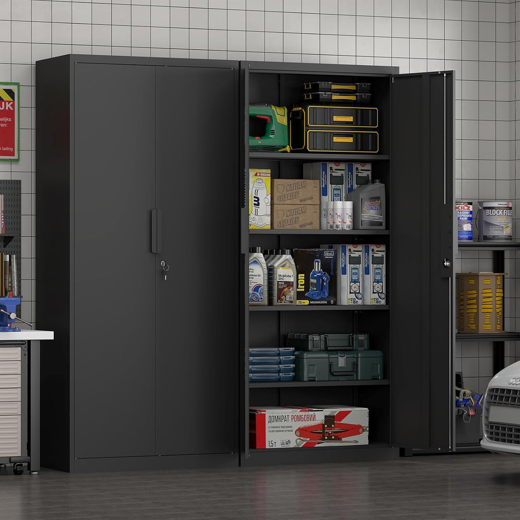 71' H Locking Cabinets, 16.5'' Deep Metal Garage Storage Cabinet with Doors and Shelves, Balck Cabinets for Garage, Kitchen, Office