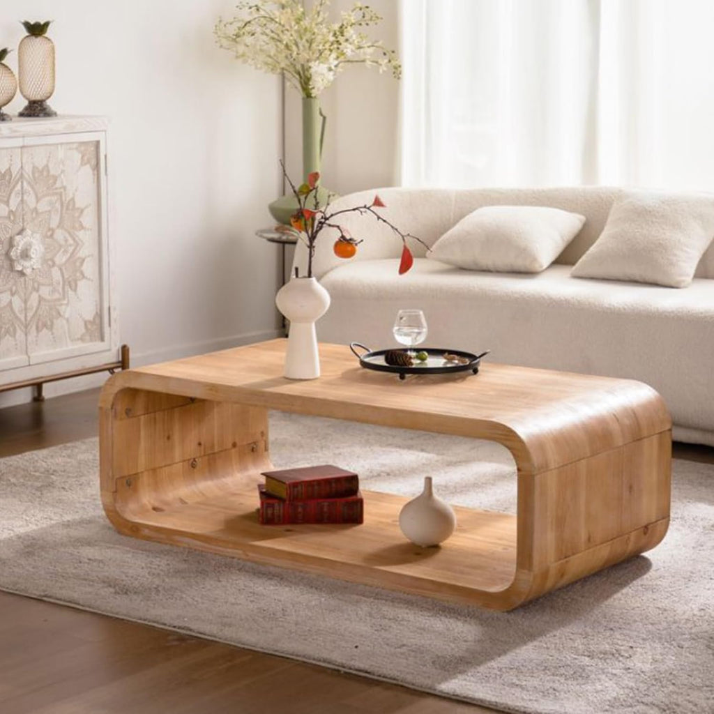 47.24' Rectangle Coffee Table for Living Room Curved Burl Wood Coffee Table Farmhouse Rustic Vintage Wooden Center Table for Apartment Oak