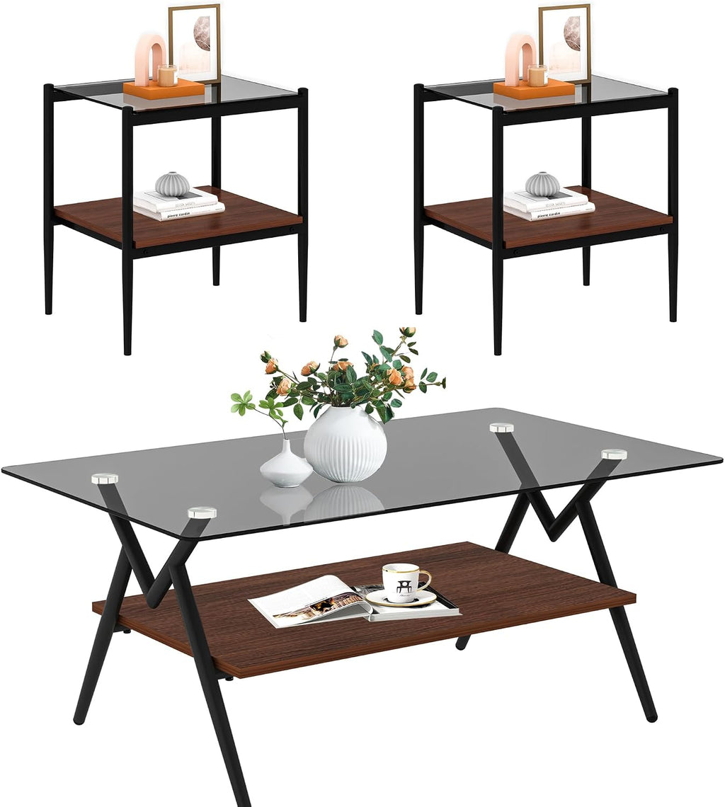 Grey Glass Coffee Table Sets of 3 Modern Living Room Table Set End Tables with Black Metal Legs and Walnut Bottom Shelf, Center Cocktail Furniture (Grey Brown)
