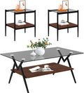 Grey Glass Coffee Table Sets of 3 Modern Living Room Table Set End Tables with Black Metal Legs and Walnut Bottom Shelf, Center Cocktail Furniture (Grey Brown)
