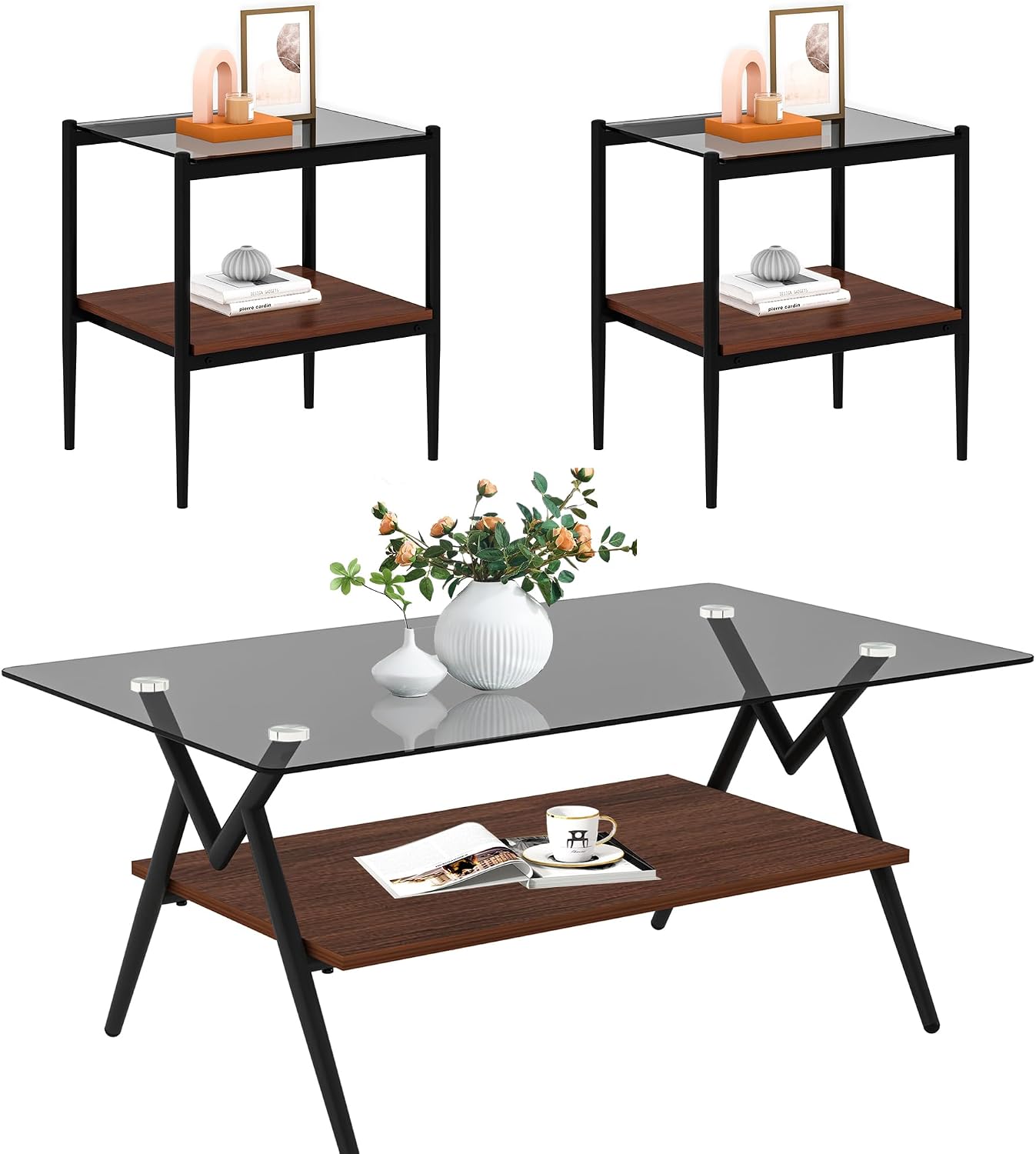 Grey Glass Coffee Table Sets of 3 Modern Living Room Table Set End Tables with Black Metal Legs and Walnut Bottom Shelf, Center Cocktail Furniture (Grey Brown)
