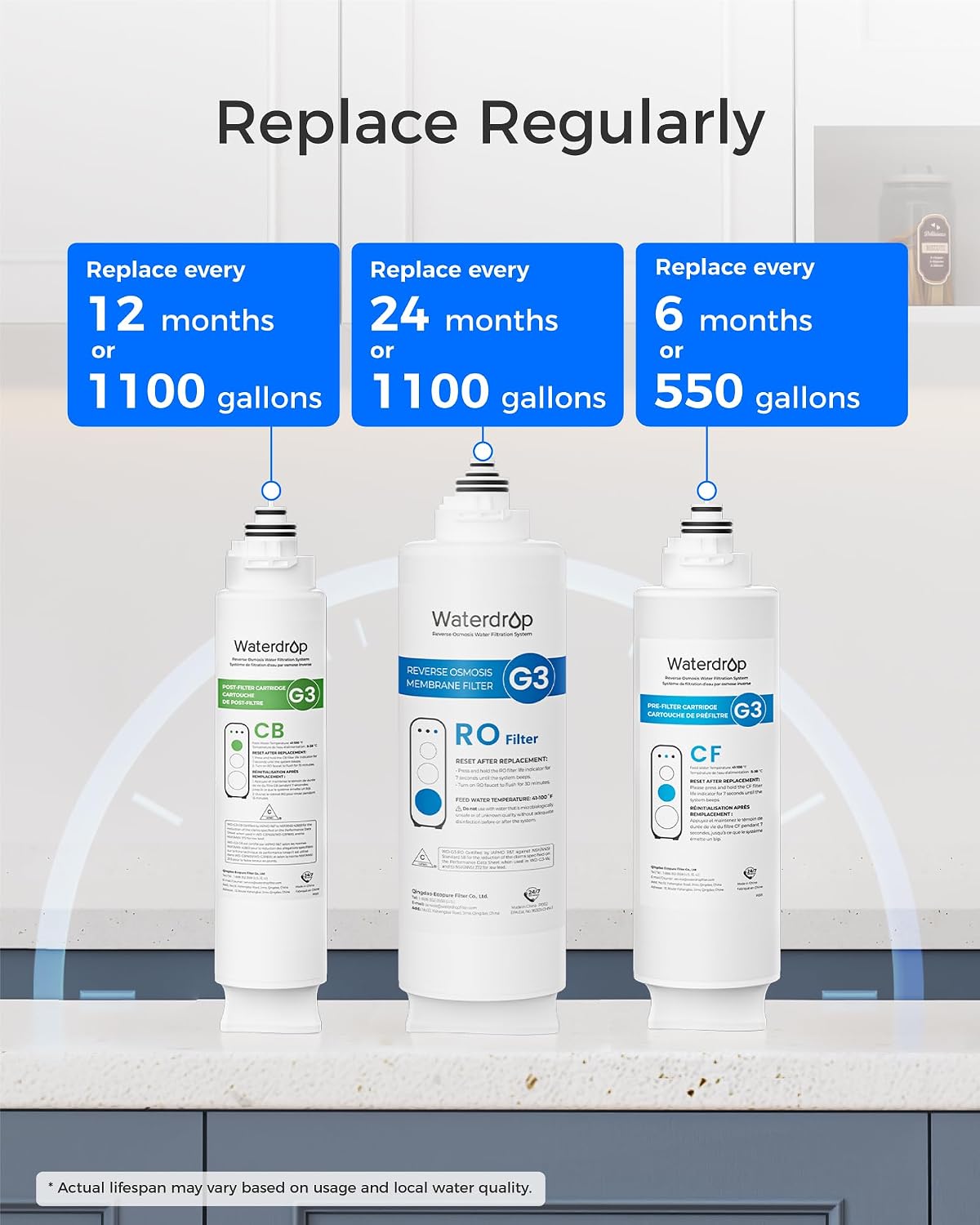Waterdrop G3-CFCBRO Filter, Replacement for Waterdrop G3-W 400 GPD Reverse Osmosis System, Pack of 1 G3-N1CF, 1 G3-N3CB, and 1 G3-N2RO Set Filter