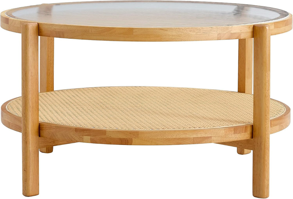 Round Wood Coffee Table with Tempered Glass Top & Rattan Layer, 2-Tier Modern Farmhouse Circle Coffee Table Side Table End Table for Living Room, Easy Assembly (34.6''*17.7'', Wood Color)