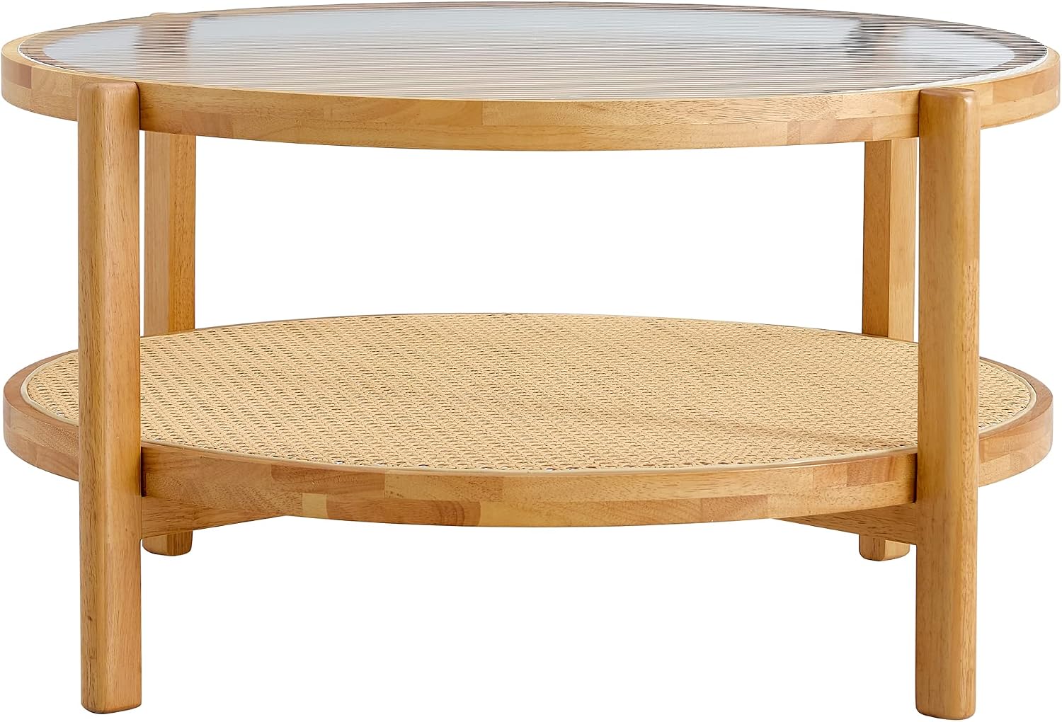 Round Wood Coffee Table with Tempered Glass Top & Rattan Layer, 2-Tier Modern Farmhouse Circle Coffee Table Side Table End Table for Living Room, Easy Assembly (34.6''*17.7'', Wood Color)