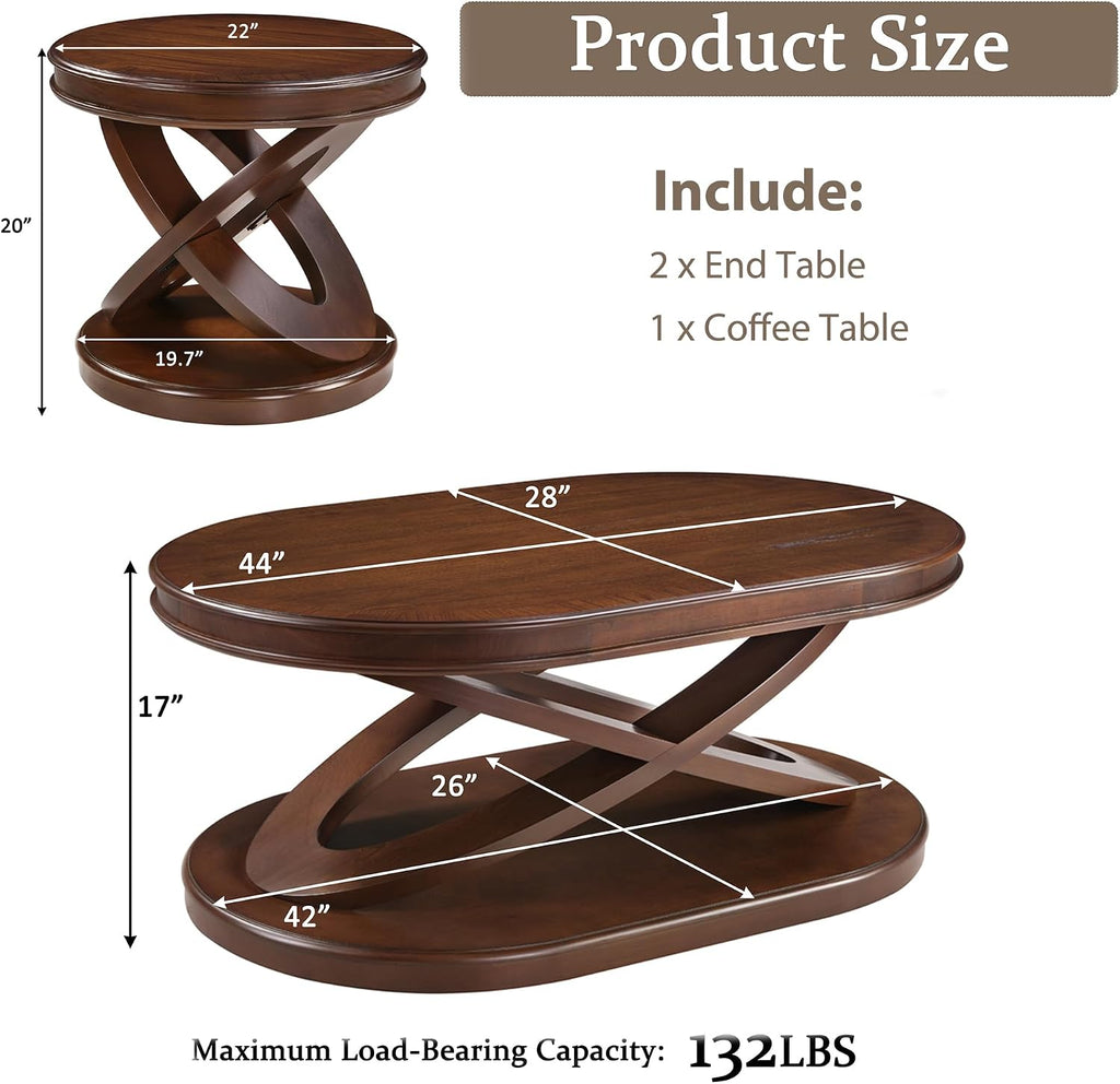 LKTART Living Room Coffee Table Set of 3, Oval Wood Coffee Table and Round End Tables Set of 2, Vintage Antique Coffee Table Sets with X-Shape Support,Walnut