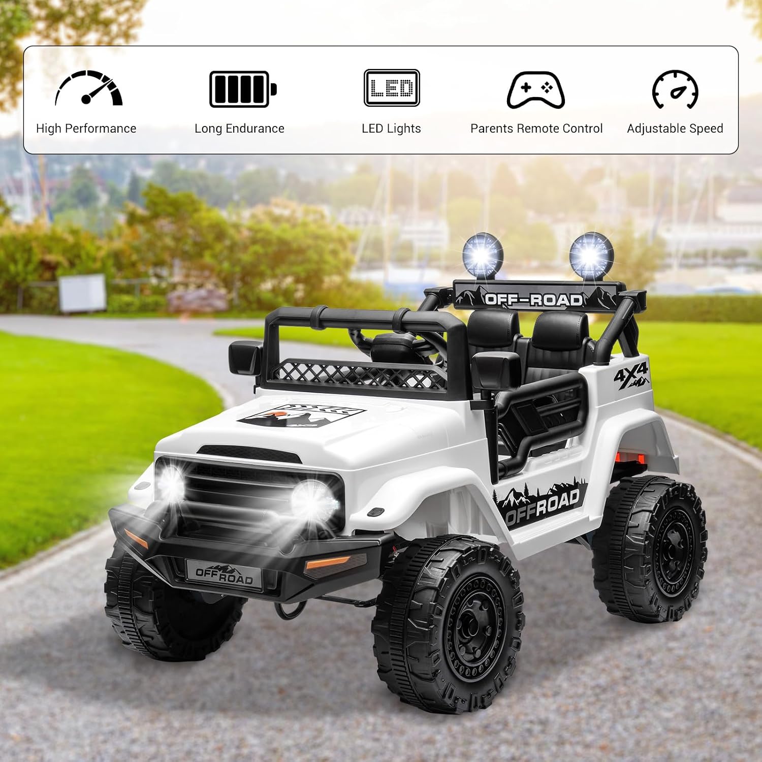 SEHOMY 12V Kids Ride On Truck with Parent Remote, 4 Wheelers Battery Powered Electric Toys Car for Kids - 3 Speed, Spring Suspension, LED Lights, Safety Start, Music, Kids Electric Vehicles White