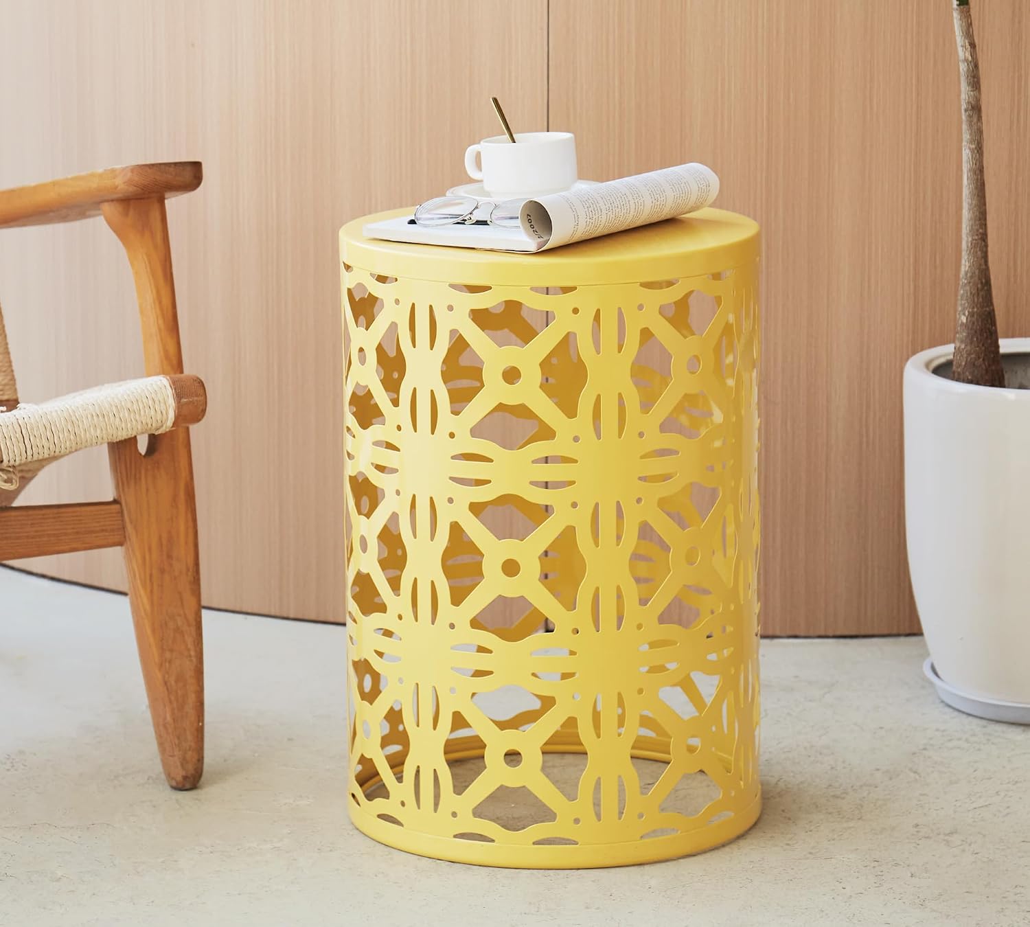 HFHOME Set of 3 Metal Outdoor Side Table, Nesting Round Coffee Table for Indoor Outdoor, Heavy Duty End Tables Plant Stand Living Room Garden Stool - Yellow