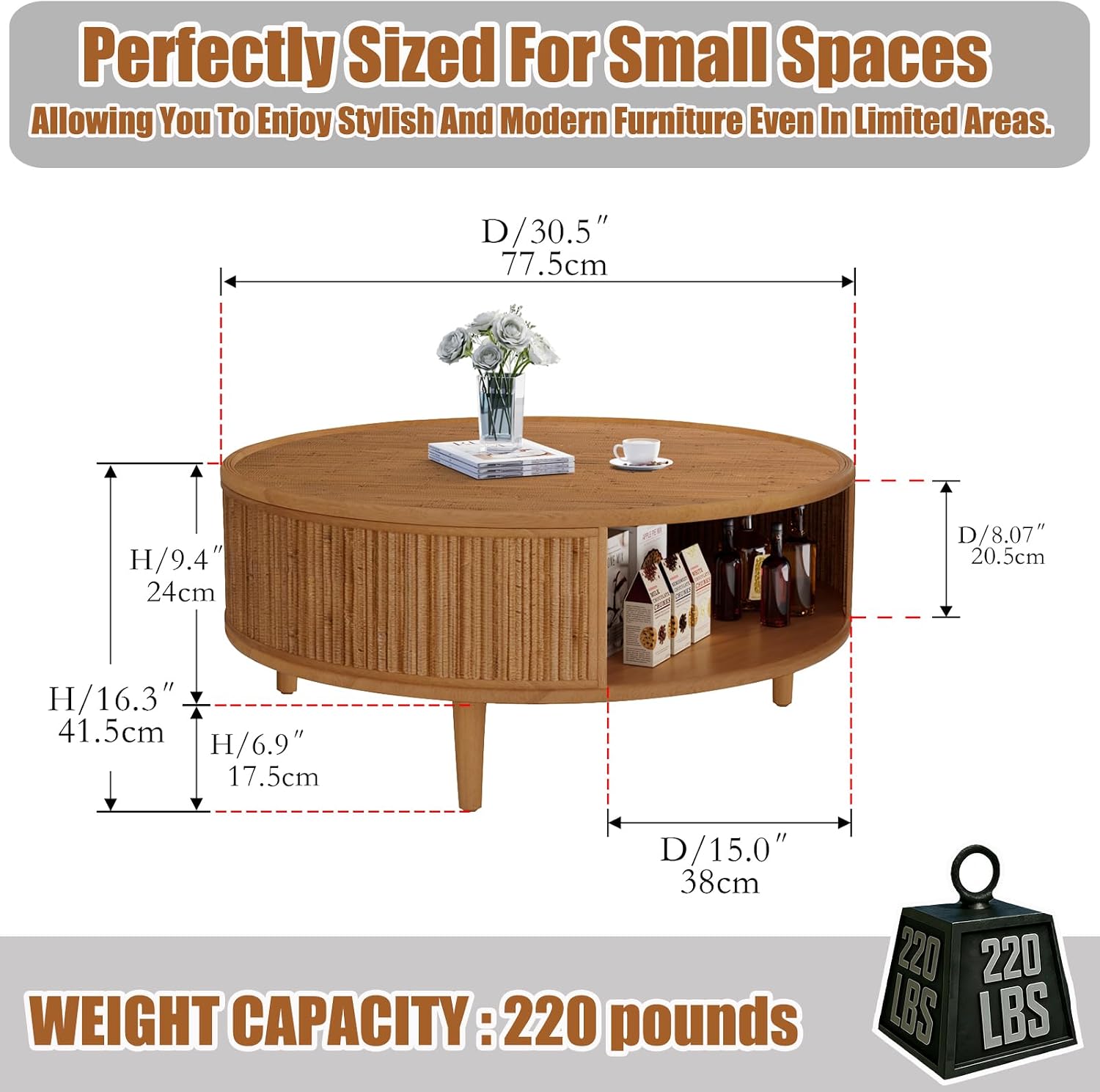 30.5' Storage Round Coffee Table, Modern Coffee Tables with Rattan-Accent Top and Sides, Wooden Circle Center Table for Living Room, Small Spaces, and Apartments, Easy Assembly