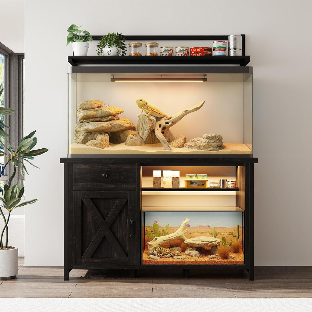 Reptile Tank Stand with Power Outlet, Terrarium Stand with Storage Cabinet, 49' X 20' Tabletop, Aquarium Stand with LED Lights, Reptile Terrarium,Turtle Tank (Oak)