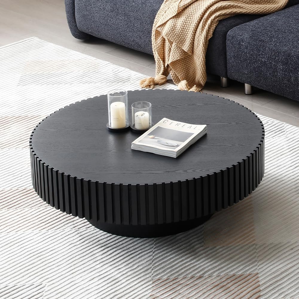 WILLIAMSPACE 39.4' Black Round Coffee Table, Modern Luxury Wood Circle Drum Center Table for Living Room, Accent Side End Table for Apartment, ø39.4'' x 13.4''H (Black)