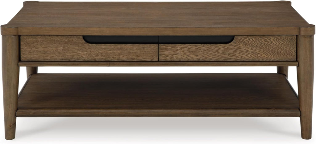 Signature Design by Ashley Roanhowe Contemporary 2-Drawer Coffee Table with Open Lower Shelf and Tapered Legs, Dark Brown