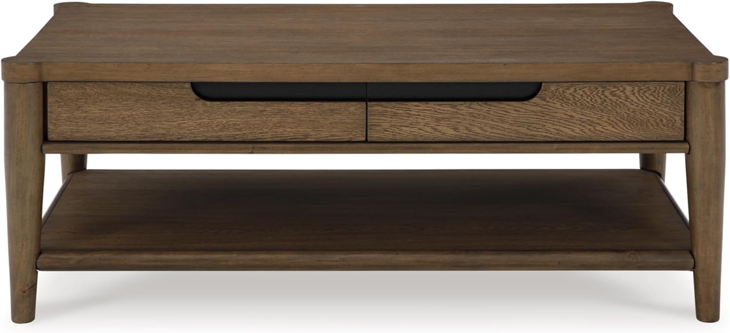 Signature Design by Ashley Roanhowe Contemporary 2-Drawer Coffee Table with Open Lower Shelf and Tapered Legs, Dark Brown