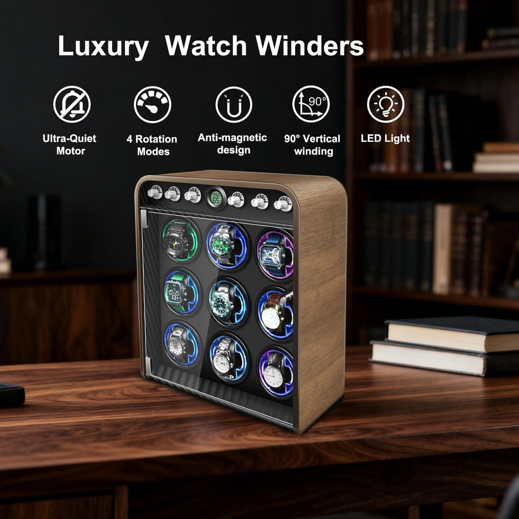 Watch Winder for Automatic Watches, Watch Winders Box 1/2/4/6/9 Slot for Rolex,Silent Motor, 4 Rotation Mode Setting,Built-in led Lights,Gift for Man