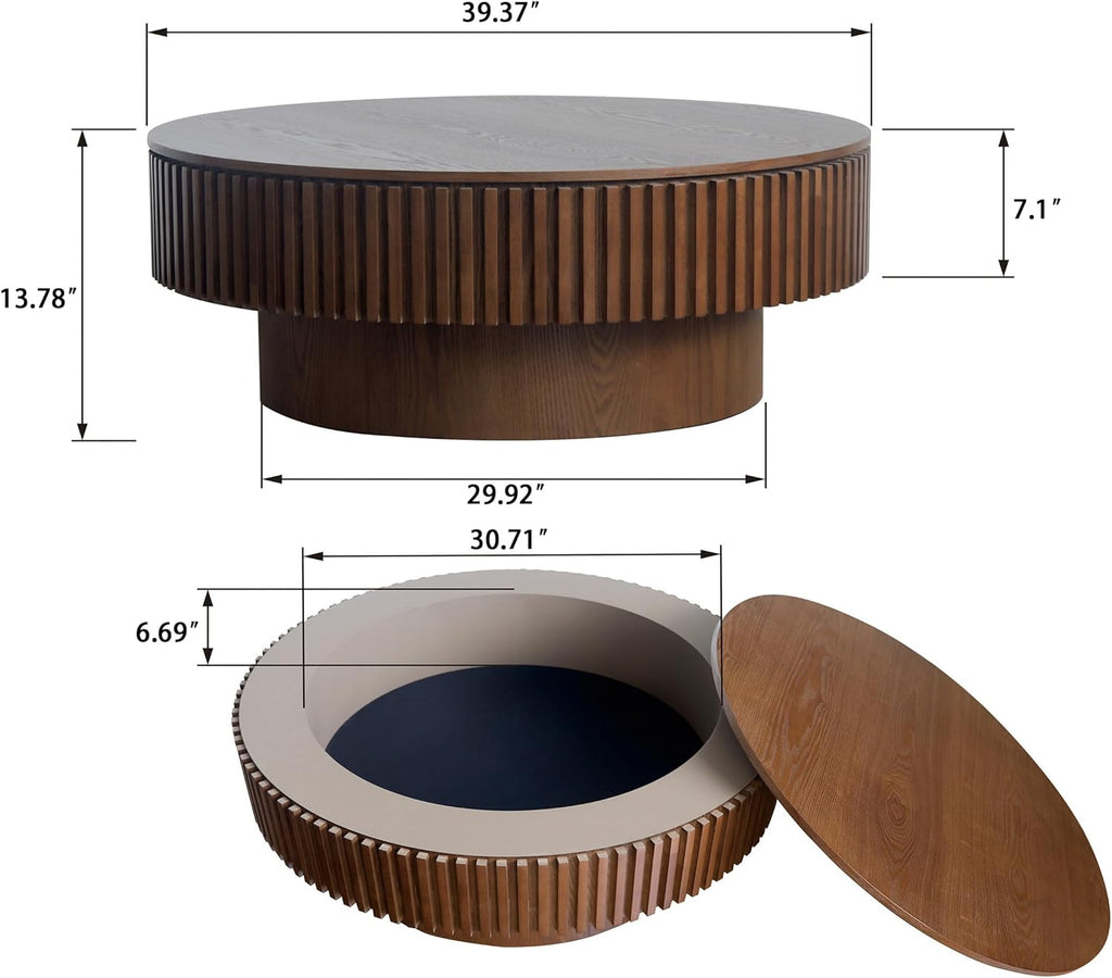 Round Coffee Table with Storage Wood Circle Coffee Table for Living Room Contemporary Fluted Table Center Table for Apartment, Easy Assembly ø39.4,Walnut