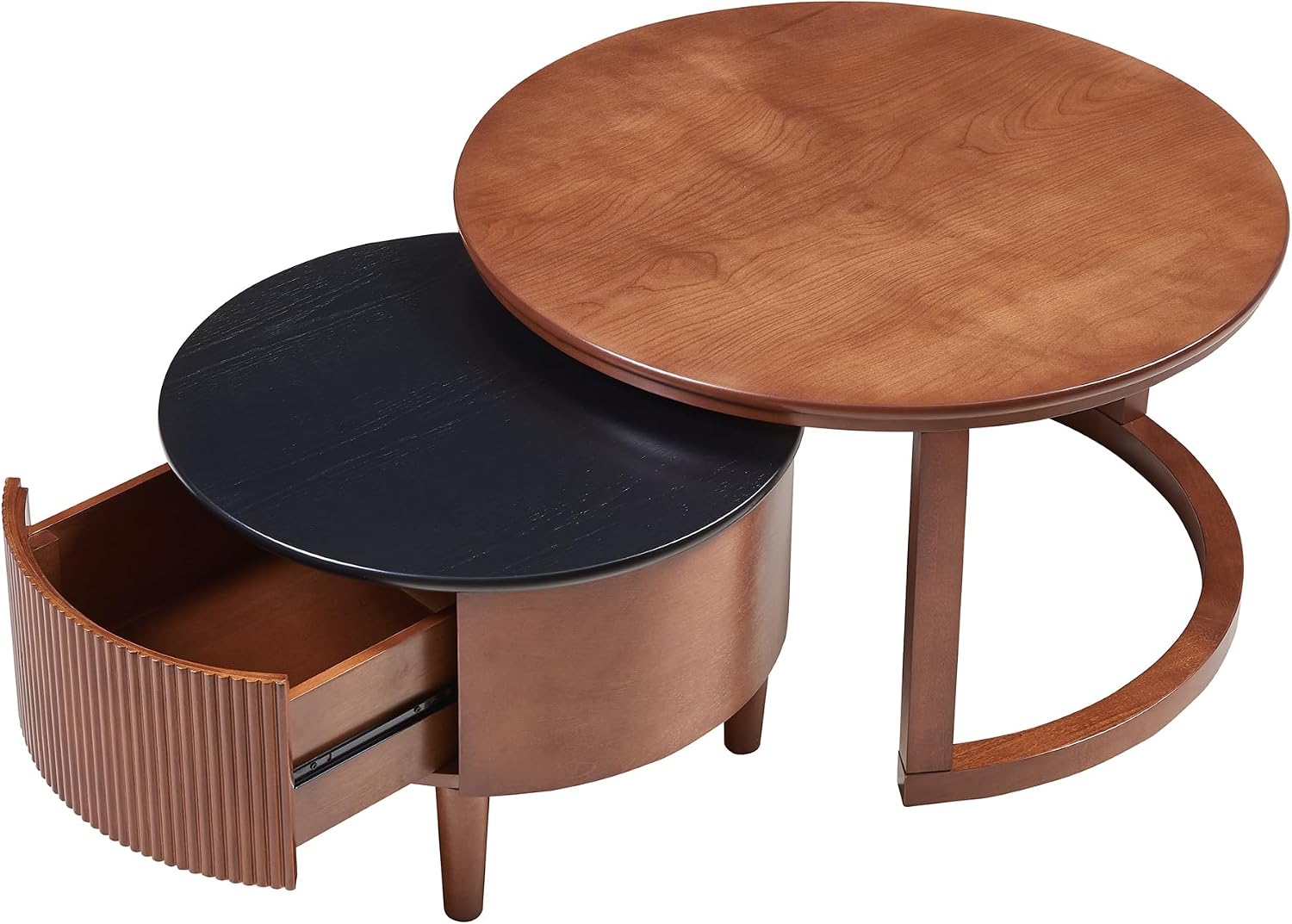 31.5' Vintage Round Nesting Coffee Table Fluted with Drawer,Black & Walnut