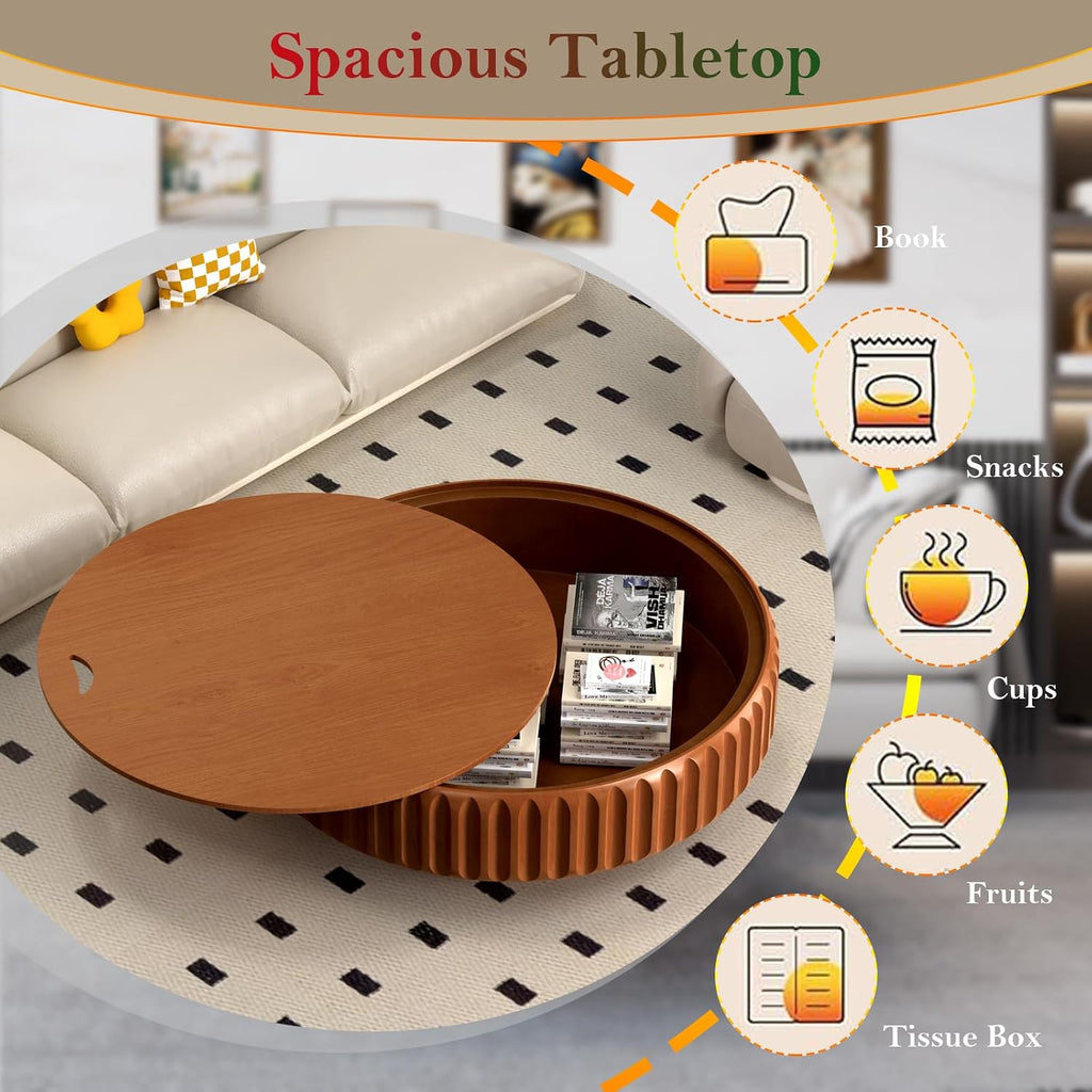 Chic Drum Coffee Table with Storage 39.37' Rustic Round Center Table - Handcraft Fluted Veneer Easy Assemble for Living Room Apartment (C 39.37in)
