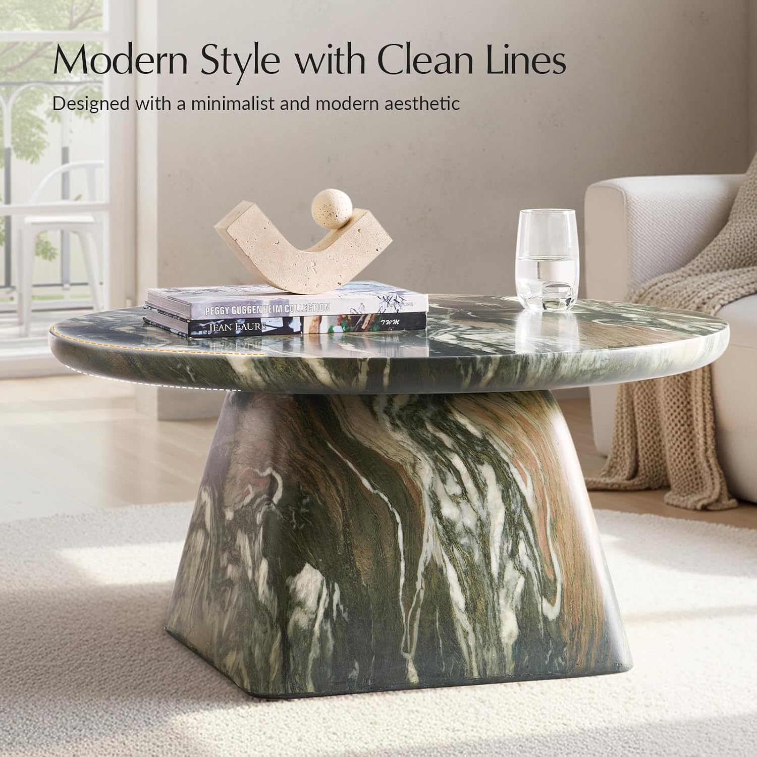 HULALA HOME Modern 31.88' Round Coffee Table with Stone-Look Finish and Sculpted Pedestal Base, Stylish Living Room Center Table(Green)