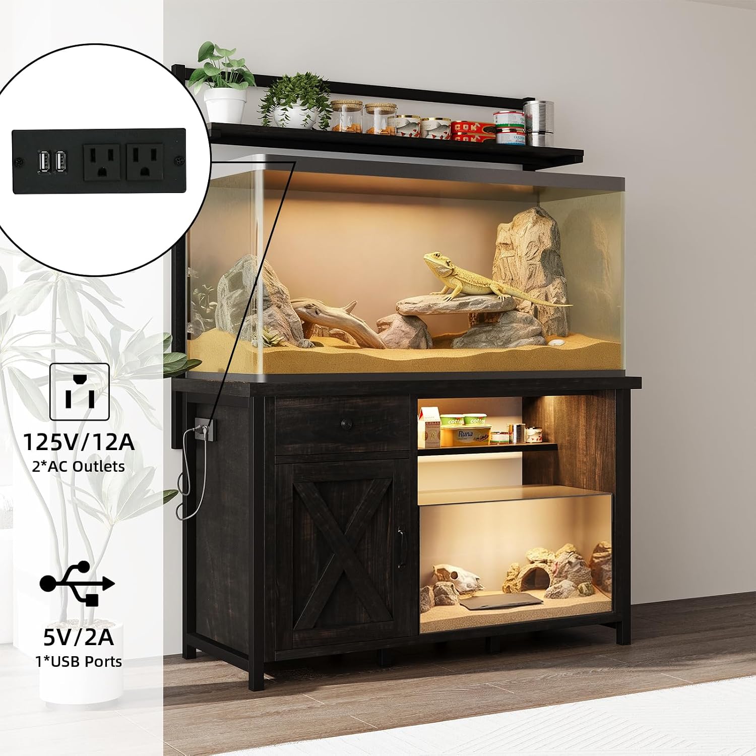 Reptile Tank Stand with Power Outlet, Terrarium Stand with Storage Cabinet, 49' X 20' Tabletop, Aquarium Stand with LED Lights, Reptile Terrarium,Turtle Tank (Oak)