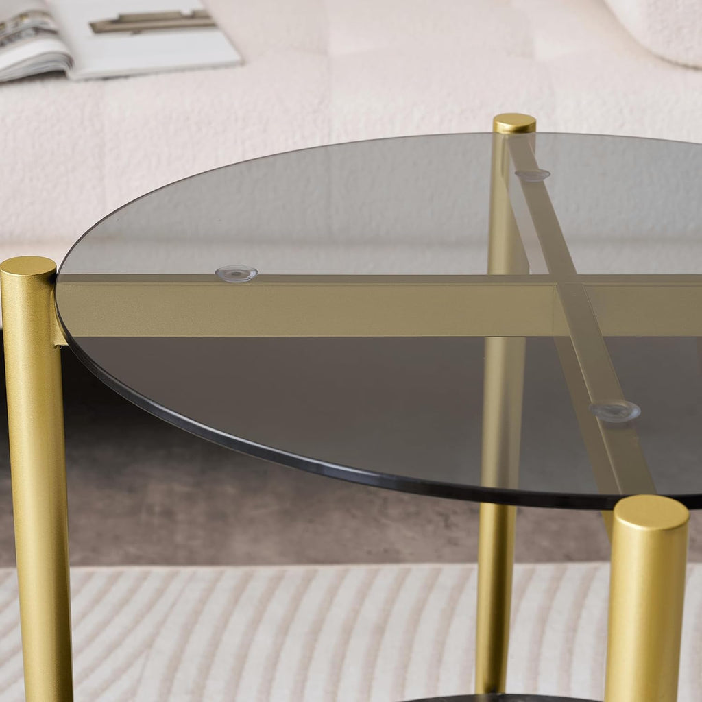 LumFurn Round Glass End Table, Mid-Century Modern Design Sofa Table for Living Room, D18 x H23 in, 2-Tier Structure, Grey Glass Top and Black Marble Shelf, Sleek Conical Legs with Gold Finish Frame