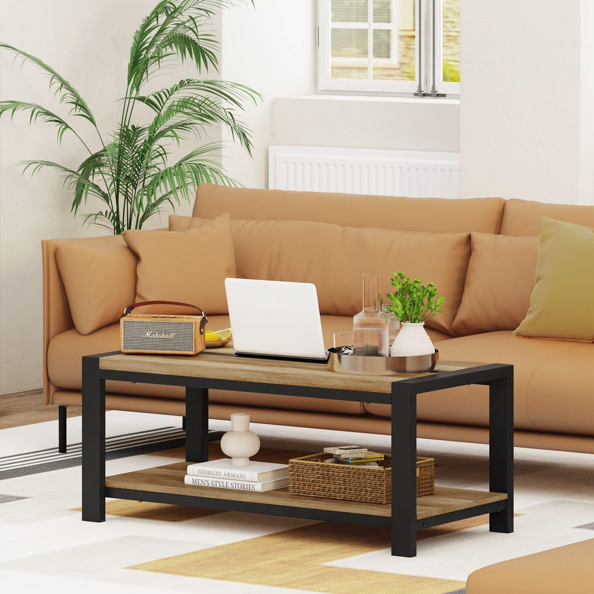 BON AUGURE 43 Inch Coffee Table, Wood and Metal Coffee Tables for Living Room, Rectangle Living Room Table, Small Farmhouse Center Tables for Home Office (Vintage Oak)