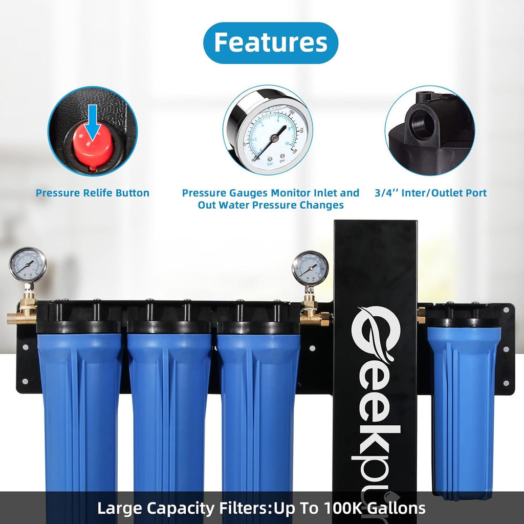 Geekpure 5 Stage Whole House Water Filter System with 2.5 x 20 5 Micron PP Sediment + Carbon Filters and 6 GPM UV