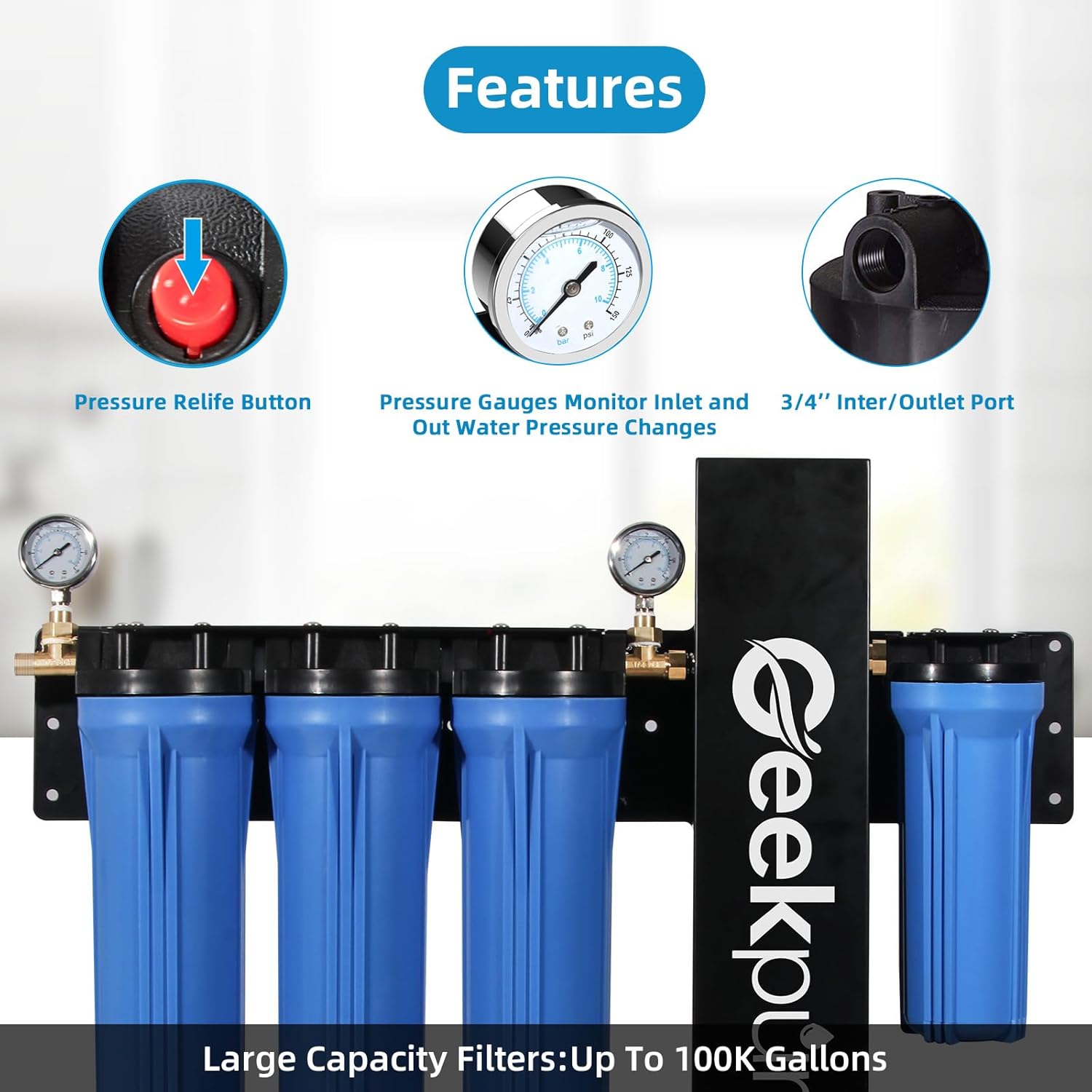 Geekpure 5 Stage Whole House Water Filter System with 2.5 x 20 5 Micron PP Sediment + Carbon Filters and 6 GPM UV