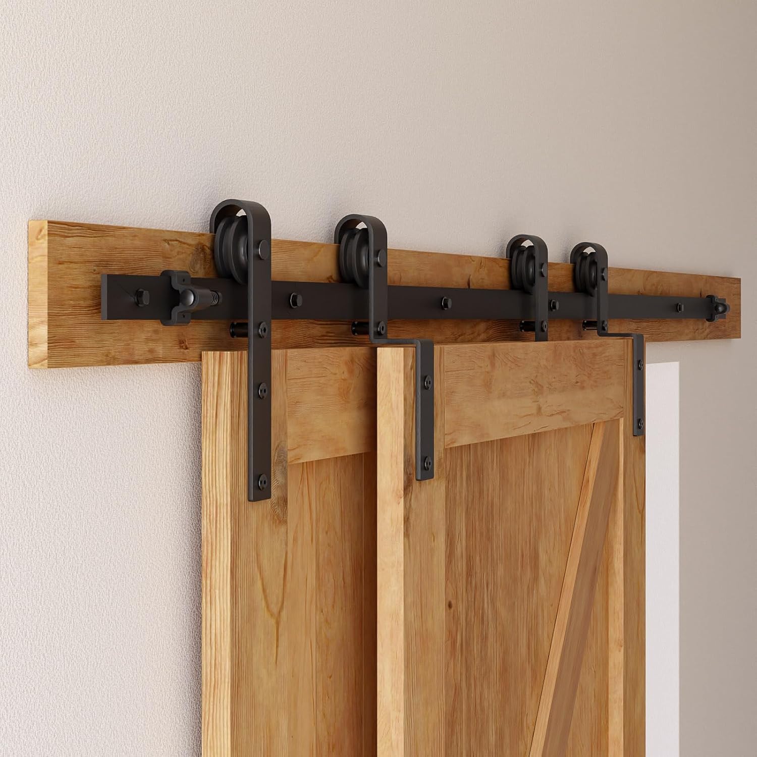 10 Feet Bypass Sliding Barn Door Hardware Kit for Double Wooden Doors-Single Track with Bypass Door Floor Guide