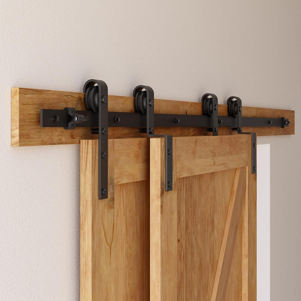 12 Feet Bypass Sliding Barn Door Hardware Kit for Double Wooden Doors-Single Track with Bypass Door Floor Guide