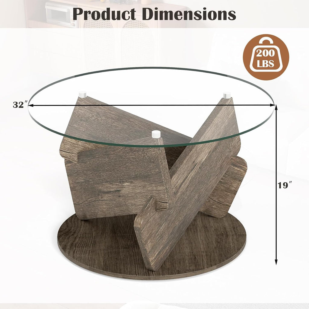 Giantex Glass Round Coffee Table, 32 Inch Modern Center Table with Clear Tempered Glass Top, Solid Wood Legs, Farmhouse Living Room Tables for Small Space, Apartment, Grey Oak