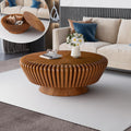 Modern Wood Fluted Round Coffee Table with Storage - Handcraft Drum Coffee Tables with Sturdy Base, Accent Center Table Small Circle Coffee Table for Living Room,Office, Apartment (Brown 35.4')