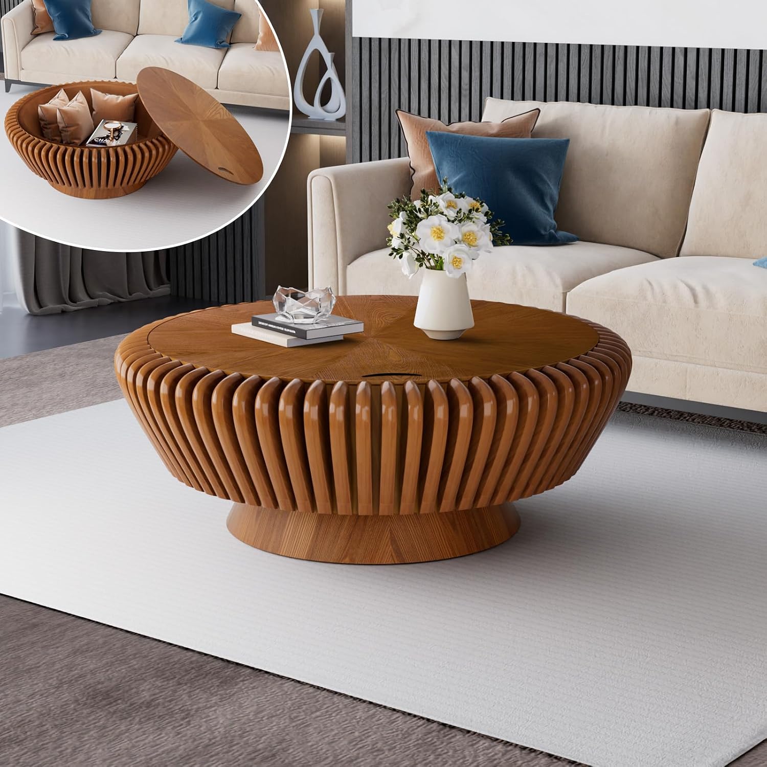 Modern Wood Fluted Round Coffee Table with Storage - Handcraft Drum Coffee Tables with Sturdy Base, Accent Center Table Small Circle Coffee Table for Living Room,Office, Apartment (Brown 35.4')