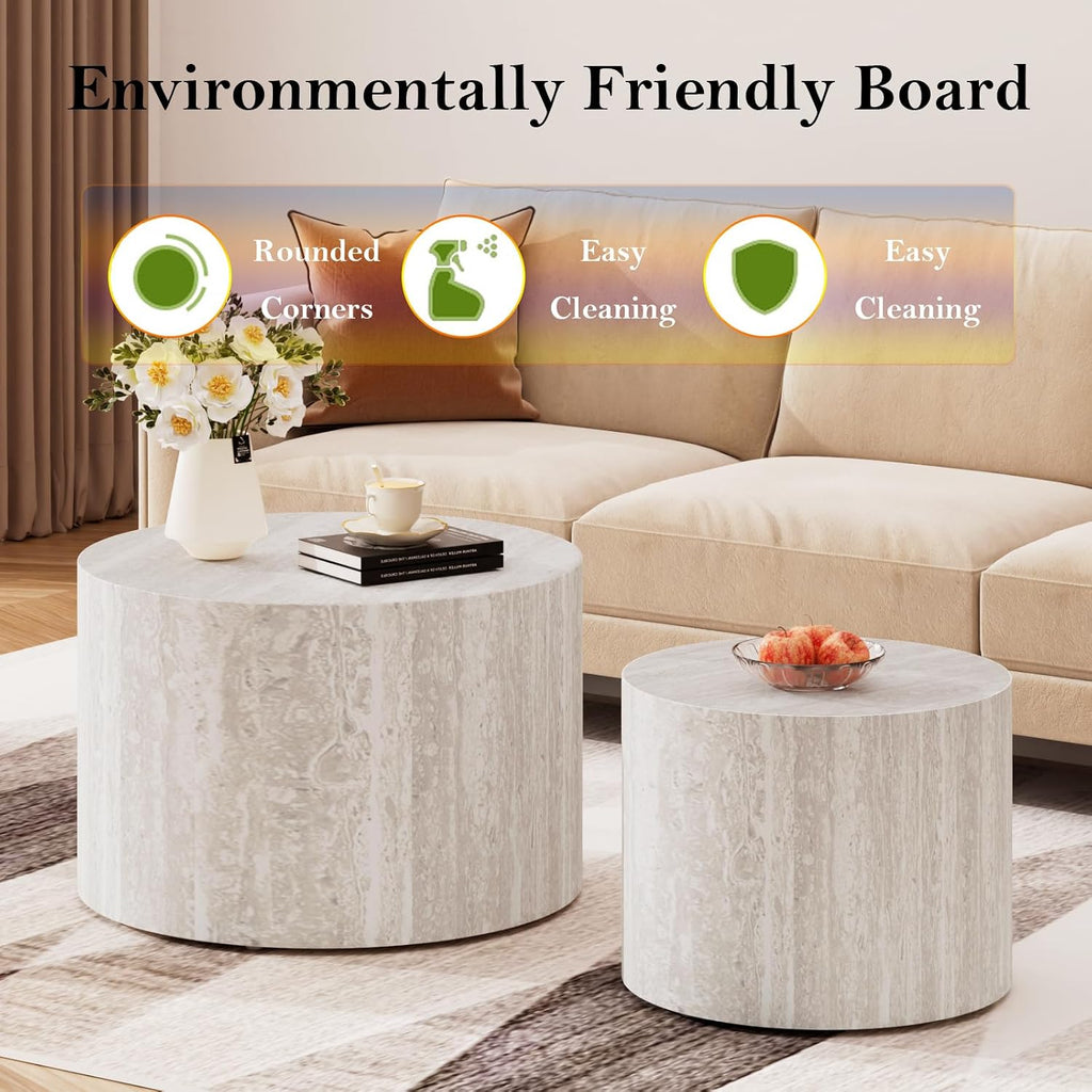 Round Nesting Coffee Table Modern Circular Small Nested End Table - Chic Wood Texture Veneer for Living Room Balcony Study (G 18.1+14.6in)